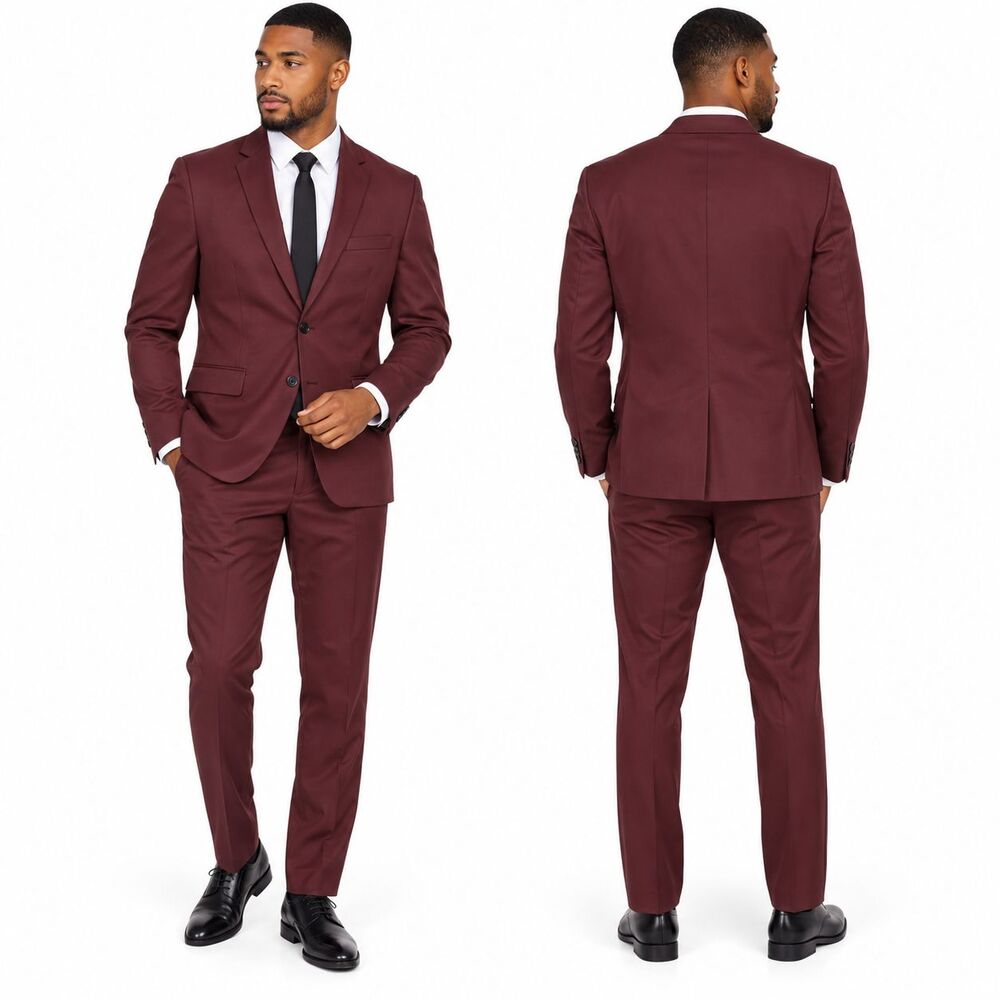 Perry Ellis Men's Burgundy Maroon Very Slim Fit Pant Suit 2 Piece Set 40R 32x32